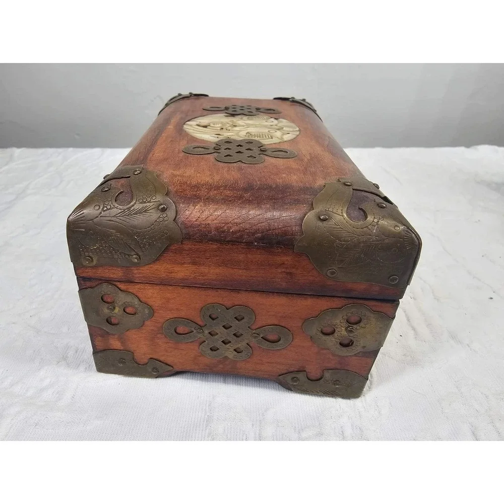 Vintage Wood Brass Jade Jewelry Box Carved Jade Inlay Shanghai‎ green Silk